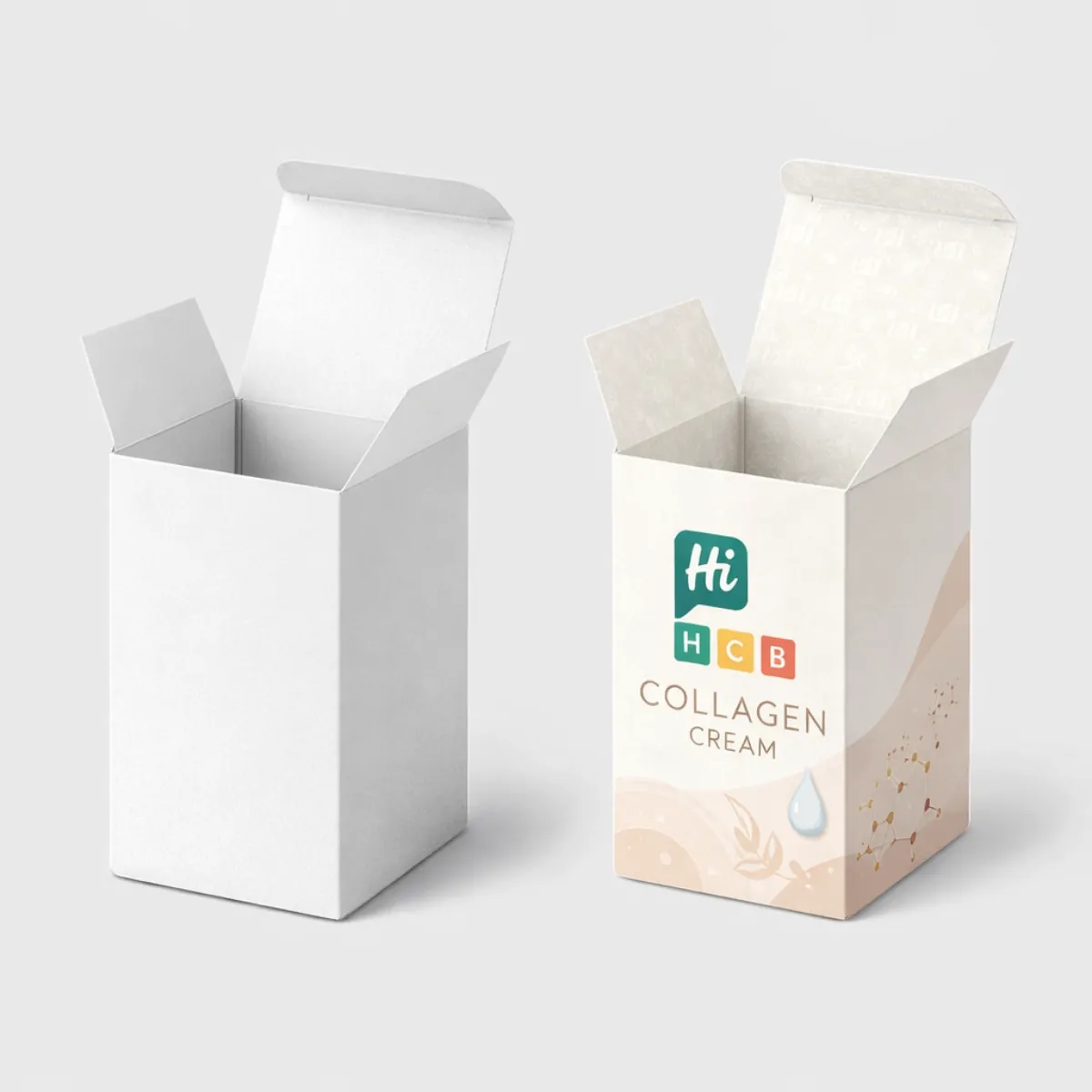 Custom printed cardboard boxes for collagen powder with a clean- modern aesthetic and vibrant branding-